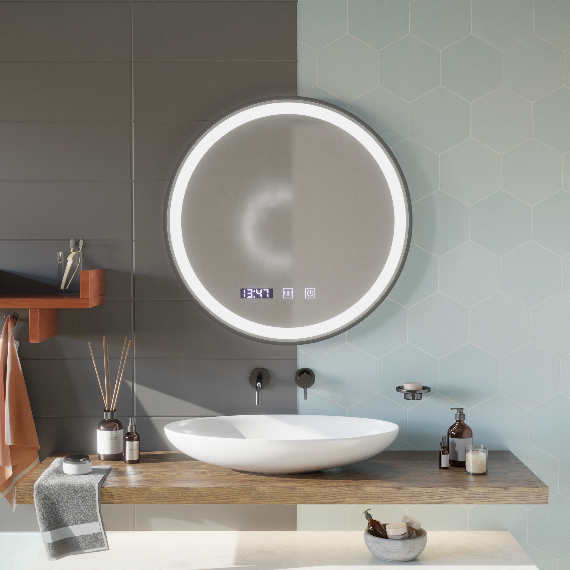Mirror LED Touch NOVARA páramentesítő rendszer, óra és hőmérséklet 80 cm-es keret fekete csiszolt tükrök Korman S alapértelmezett cím Alessandro Design