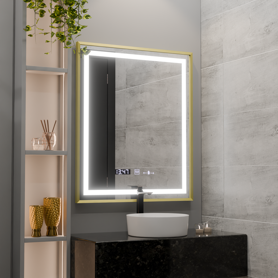 Négyszögletű LED-es tükör, 75x90 cm, Verite Royale Gold MotionGlow Marcello, páramentesítő rendszer, óra és hőmérő, szabályozható tükrök Marcello alapértelmezett cím Alessandro Design