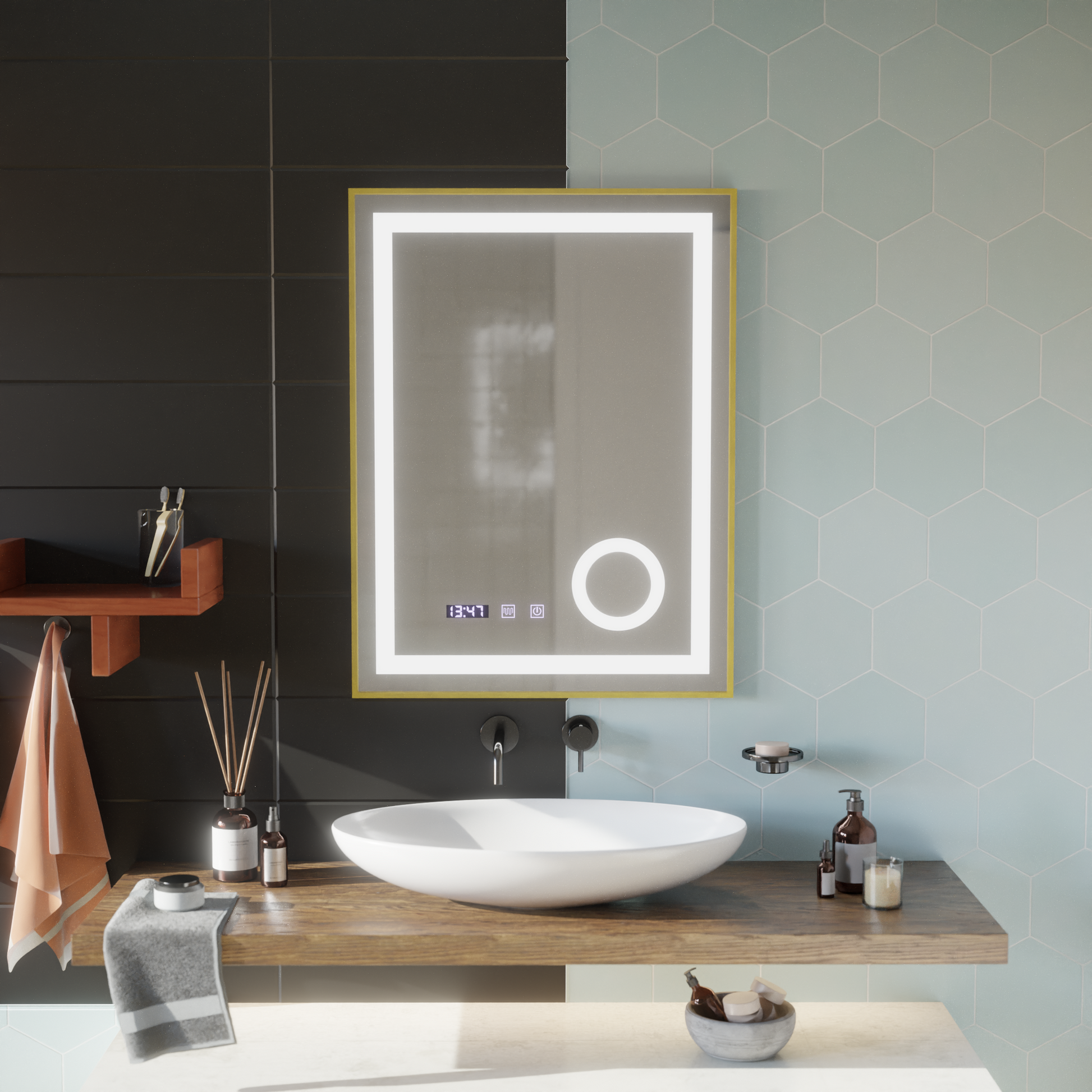 LED érintőképernyős CLARUS tükör páramentesítő rendszer, óra és hőmérséklet 60x80 cm arany keretben csiszolt kozmetikai nagyító tükrök Korman S alapértelmezett cím Alessandro Design