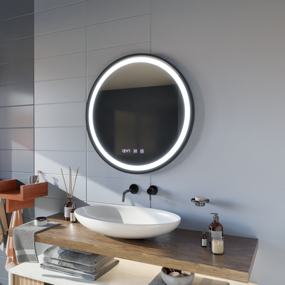 LED érintőtükör NOVARA páramentesítő rendszer, óra és hőmérséklet 50 cm fekete keret szálcsiszolt tükrök Korman S alapértelmezett cím Alessandro Design