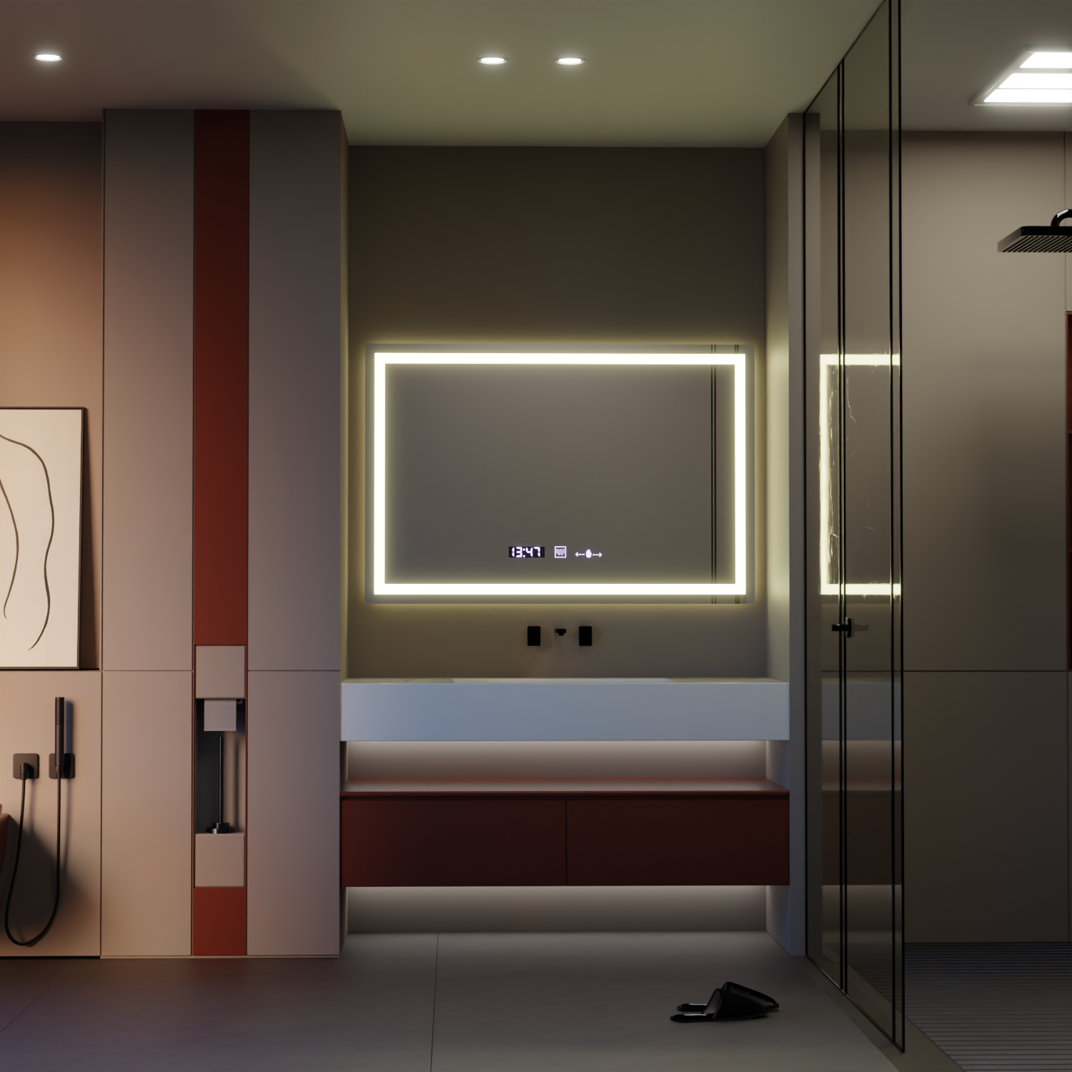 Négyszögletű LED-es tükör 120x80cm Vérité MotionGlow Marcello, páramentesítő rendszer, óra és hőmérő, szabályozható tükrök Marcello alapértelmezett cím Alessandro Design