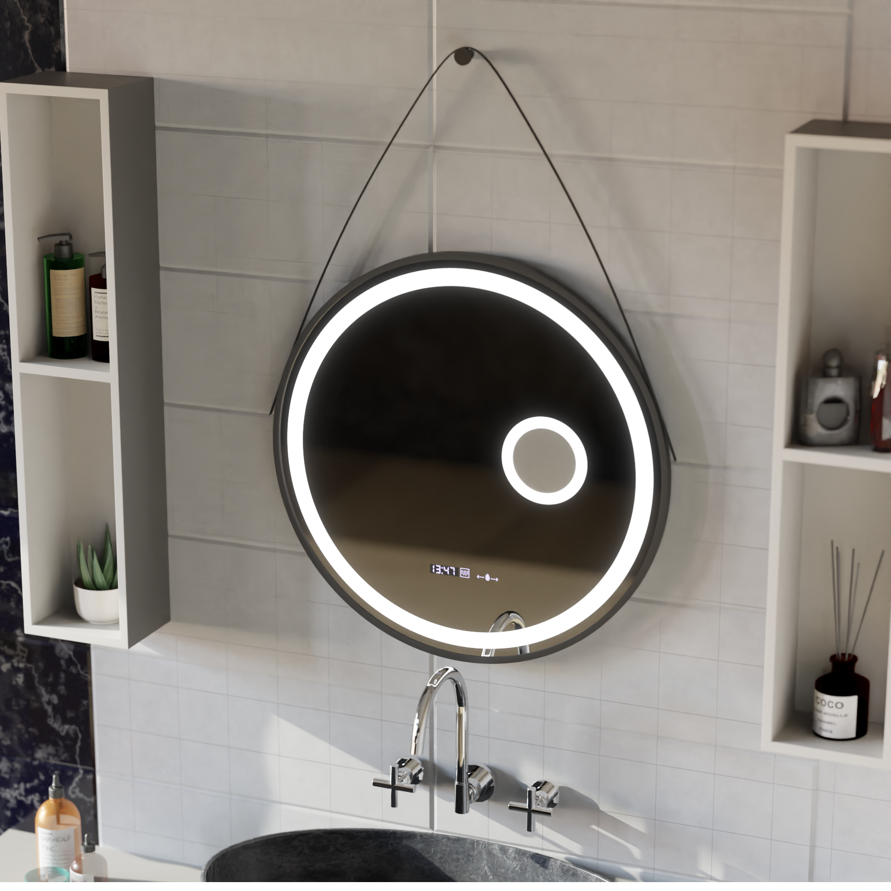 LED-es kerek tükör, 11 W, 60 cm, Micah Marcello MotionGlow érzékelő, páramentesítő rendszer, óra és hőmérő, kozmetikai nagyító, szabályozható Marcello tükrök alapértelmezett cím Alessandro Design