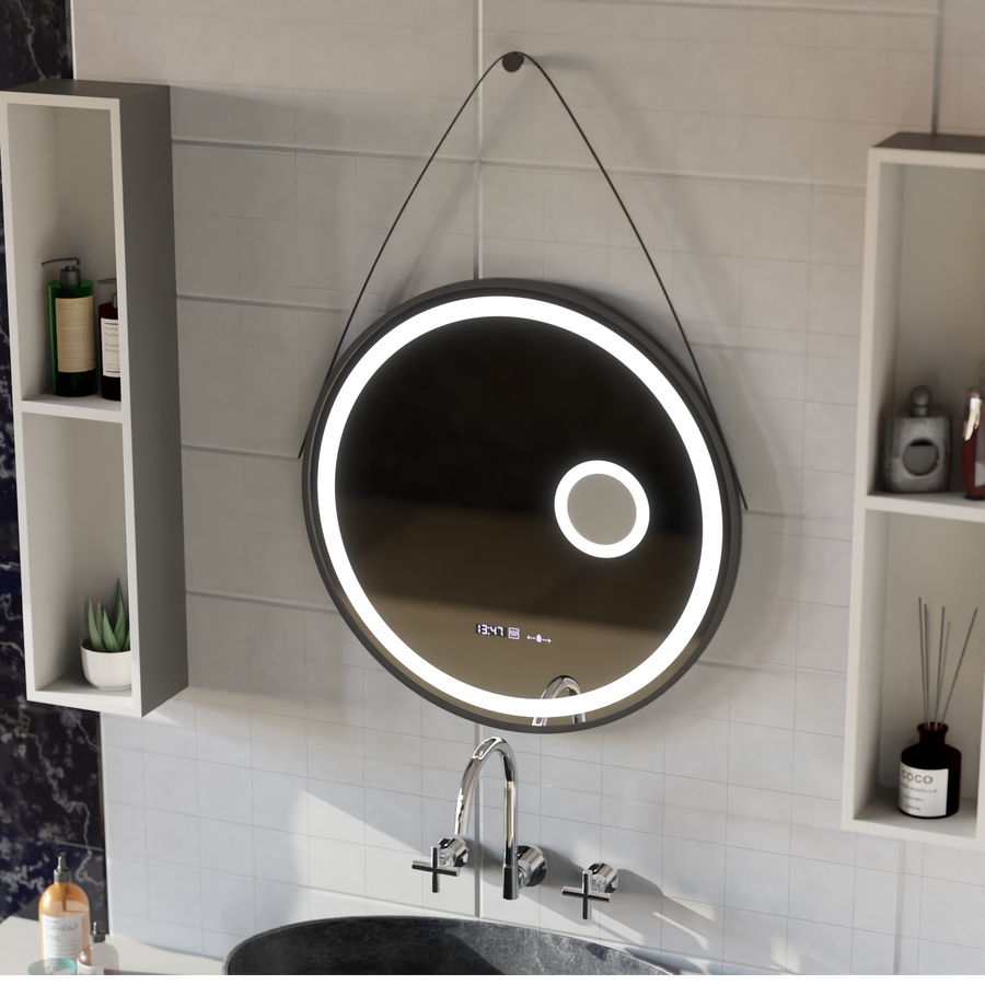 LED-es kerek tükör, 11 W, 60 cm, Micah Marcello MotionGlow érzékelő, páramentesítő rendszer, óra és hőmérő, kozmetikai nagyító, szabályozható Marcello tükrök alapértelmezett cím Alessandro Design