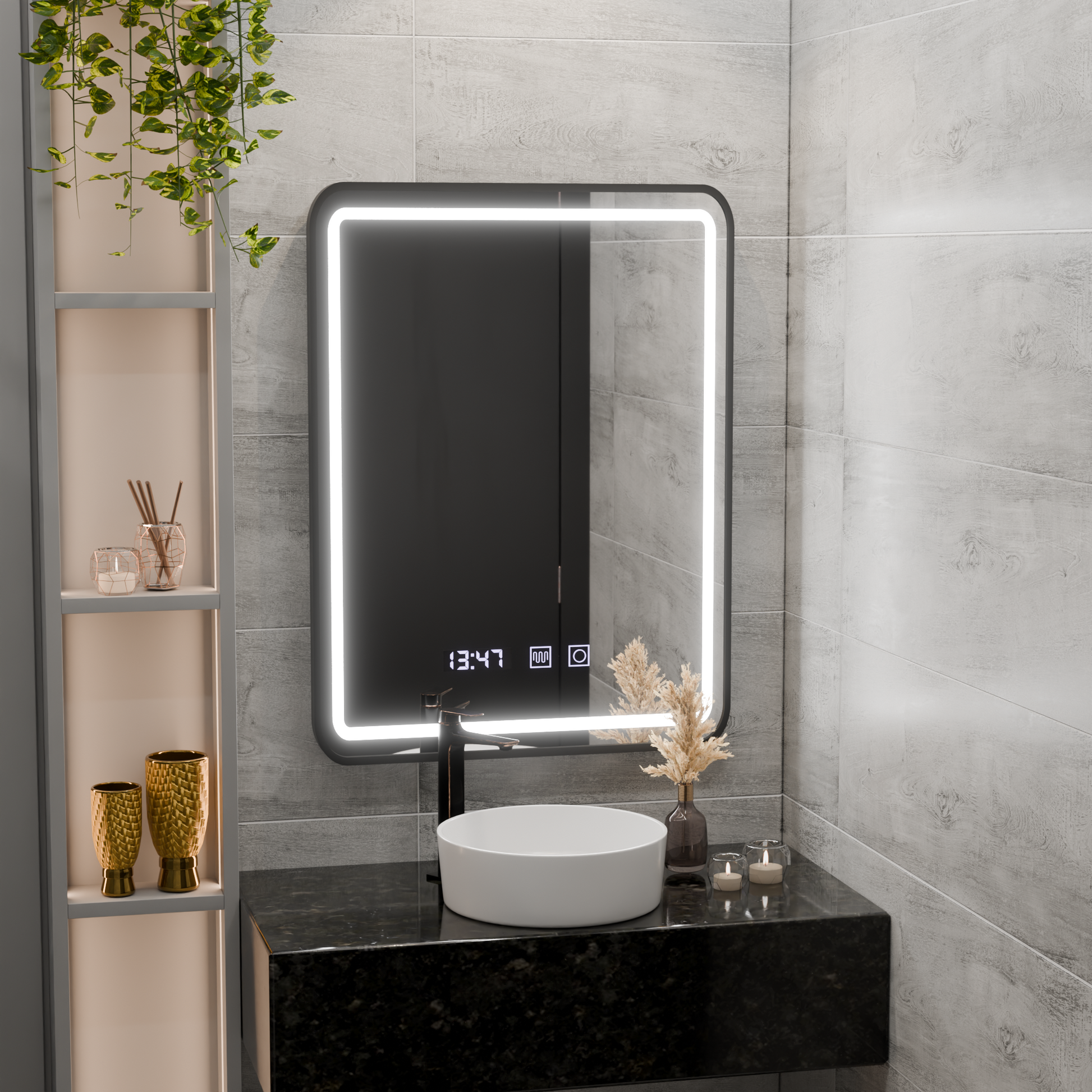 Mirror LED Touch LUCIDA páramentesítő rendszer, óra és hőmérséklet 50x70 cm keret Fekete csiszolt tükrök Korman S alapértelmezett cím Alessandro Design