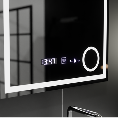 Négyszögletű LED-es tükör, 60x60 cm, Souverain MotionGlow Marcello, páramentesítő rendszer, óra és hőmérő, kozmetikai nagyító, szabályozható Marcello tükrök alapértelmezett cím Alessandro Design