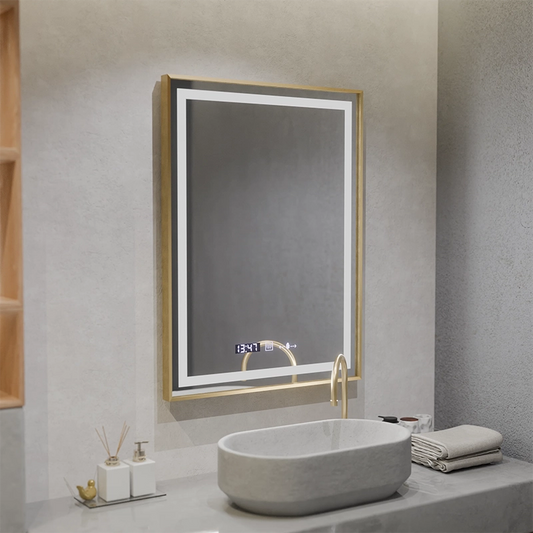 Téglalap alakú LED-es tükör, 60x80 cm, Verite Royale Gold MotionGlow Marcello, páramentesítő rendszer, óra és hőmérő, szabályozható