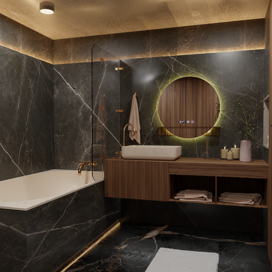 Mirror LED Touch Alfred páramentesítő rendszer, óra és hőmérséklet 60x60 cm integrált támasztótükrökkel Korman S Alapértelmezett cím Alessandro Design