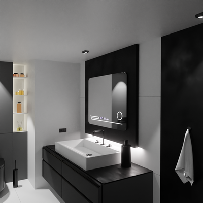 Téglalap alakú LED-es tükör, 80x60 cm, Harmonie MotionGlow Marcello, páramentesítő rendszer, hőmérő és óra, kozmetikai nagyító, szabályozható