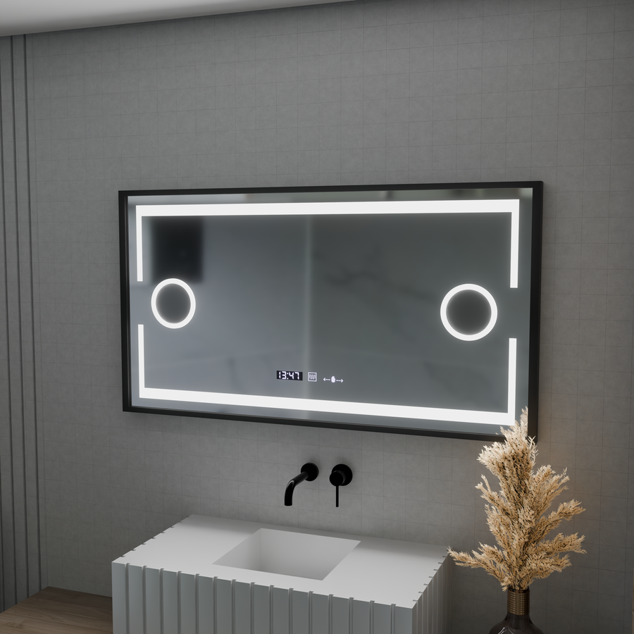 LED-es tükör MotionGlow Domingo érzékelő páramentesítő funkcióval Hőmérő óra 120x65 cm szabályozható hideg/meleg/semleges fény, szálcsiszolt fekete keret, Marcello Funghi kollekció Marcello Mirrors Alapbeállítás cím Alessandro Design