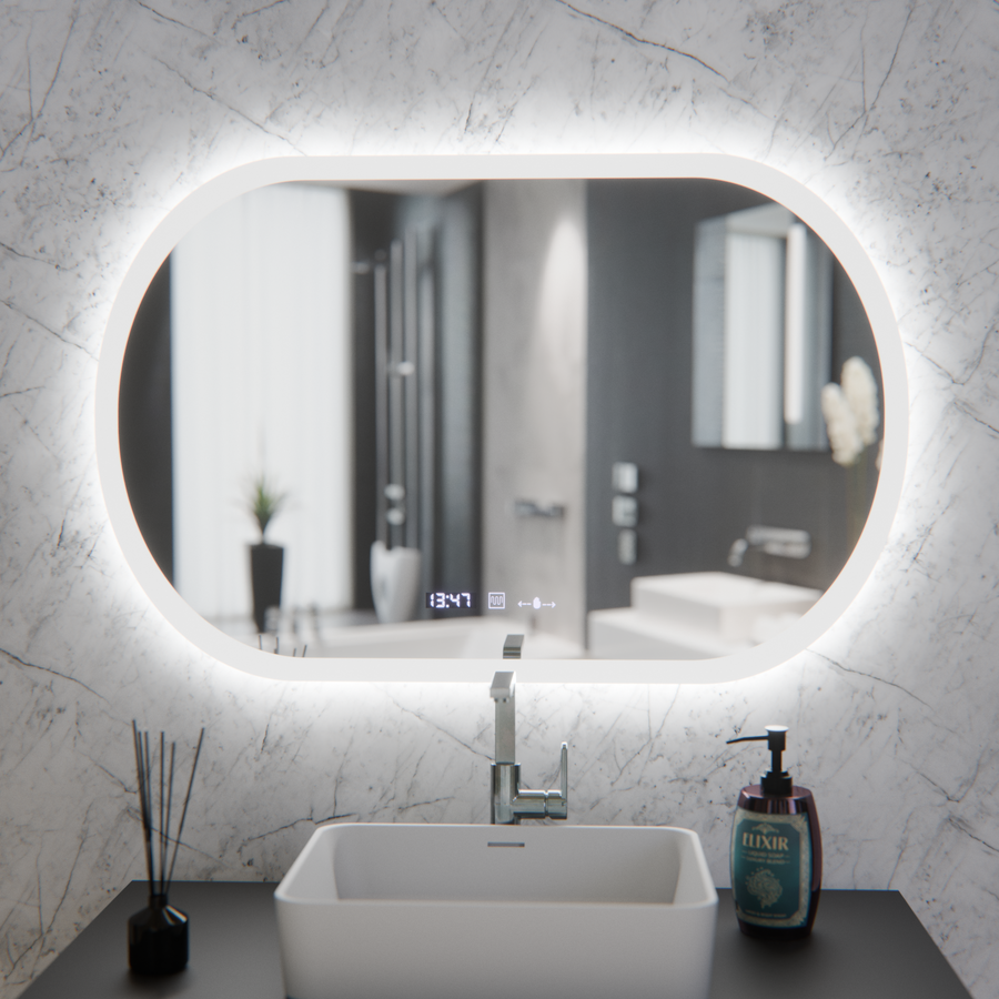 Ovális LED-es tükör, 80x50 cm, Altera Marcello MotionGlow érzékelő, páramentesítő rendszer, óra és hőmérő, szabályozható Marcello tükrök alapértelmezett cím Alessandro Design