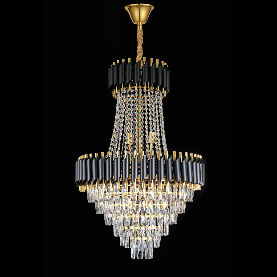 Kristálycsillár CC900/800X1200, 23xE14, átmérő 80 cm, magasság 120 cm, fényes arany és fekete, állítható magasságú, elegáns design kristálycsillárok, alapértelmezett cím Alessandro Design