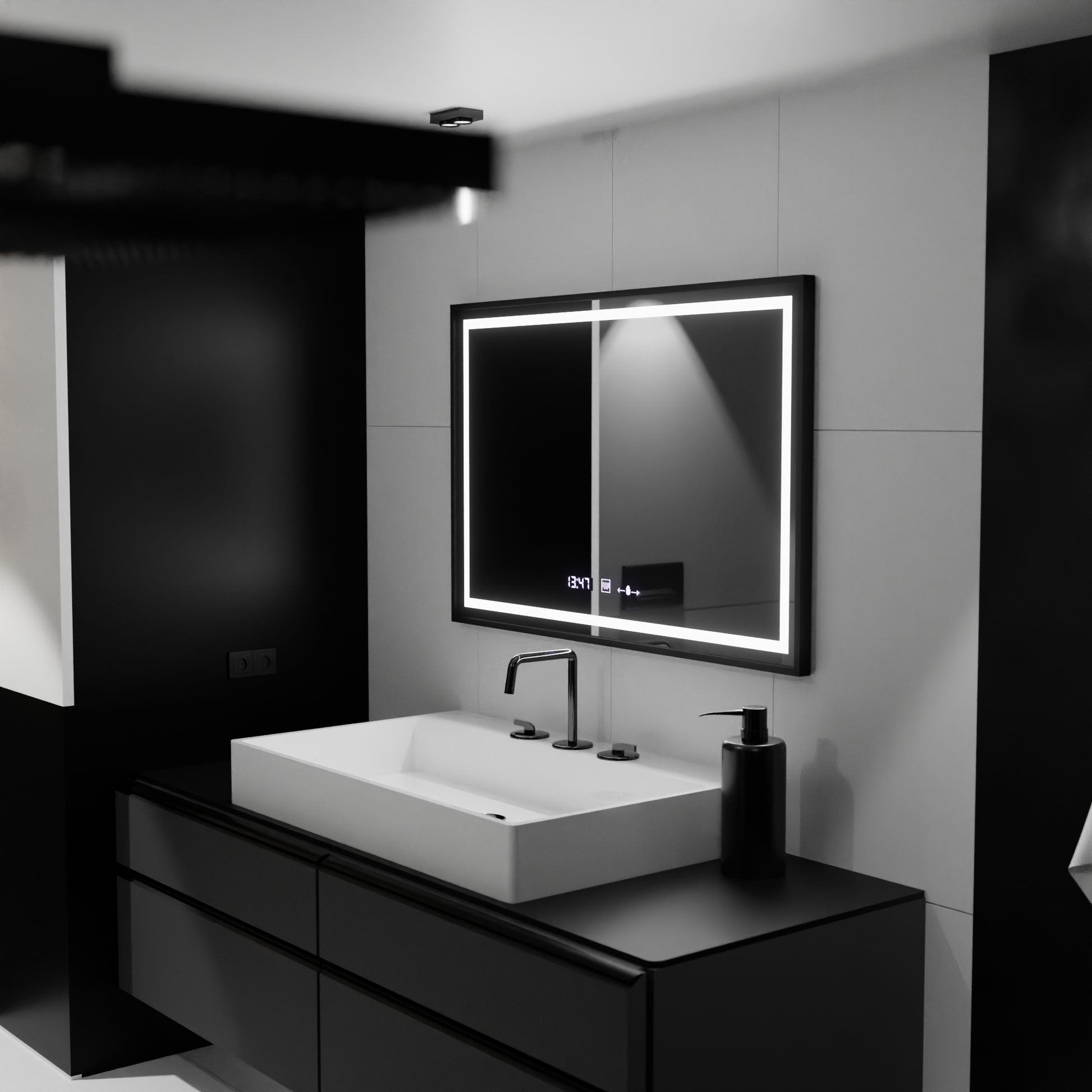 Négyszögletű LED-es tükör, 120x80 cm, Verite Majeste Noir Motion Glow Marcello, páramentesítő rendszer, óra és hőmérő, szabályozható tükrök Marcello alapértelmezett cím Alessandro Design