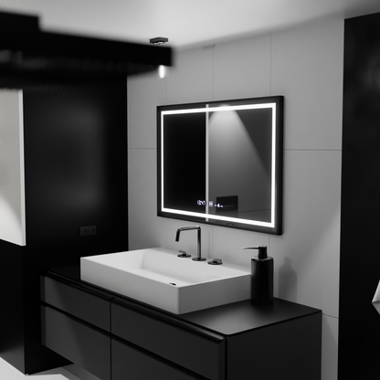 Négyszögletű LED-es tükör, 120x80 cm, Verite Majeste Noir Motion Glow Marcello, páramentesítő rendszer, óra és hőmérő, szabályozható tükrök Marcello alapértelmezett cím Alessandro Design
