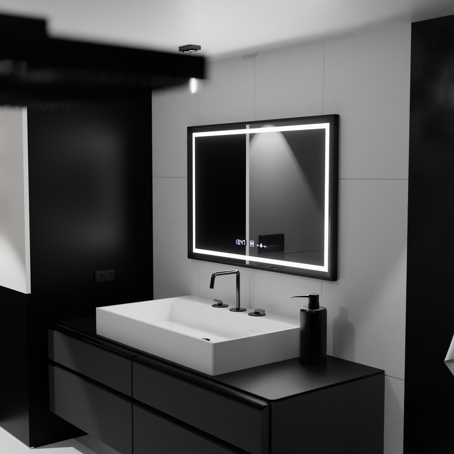 Négyszögletű LED-es tükör, 120x80 cm, Verite Majeste Noir Motion Glow Marcello, páramentesítő rendszer, óra és hőmérő, szabályozható tükrök Marcello alapértelmezett cím Alessandro Design