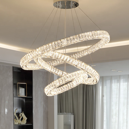 Függesztett LED csillár távirányítóval és kristály CAYDEN 200W, 3 kör, hideg/meleg/semleges fény, szabályozható, fényes króm, állítható magasságú LED csillár Alapértelmezett cím Alessandro Design