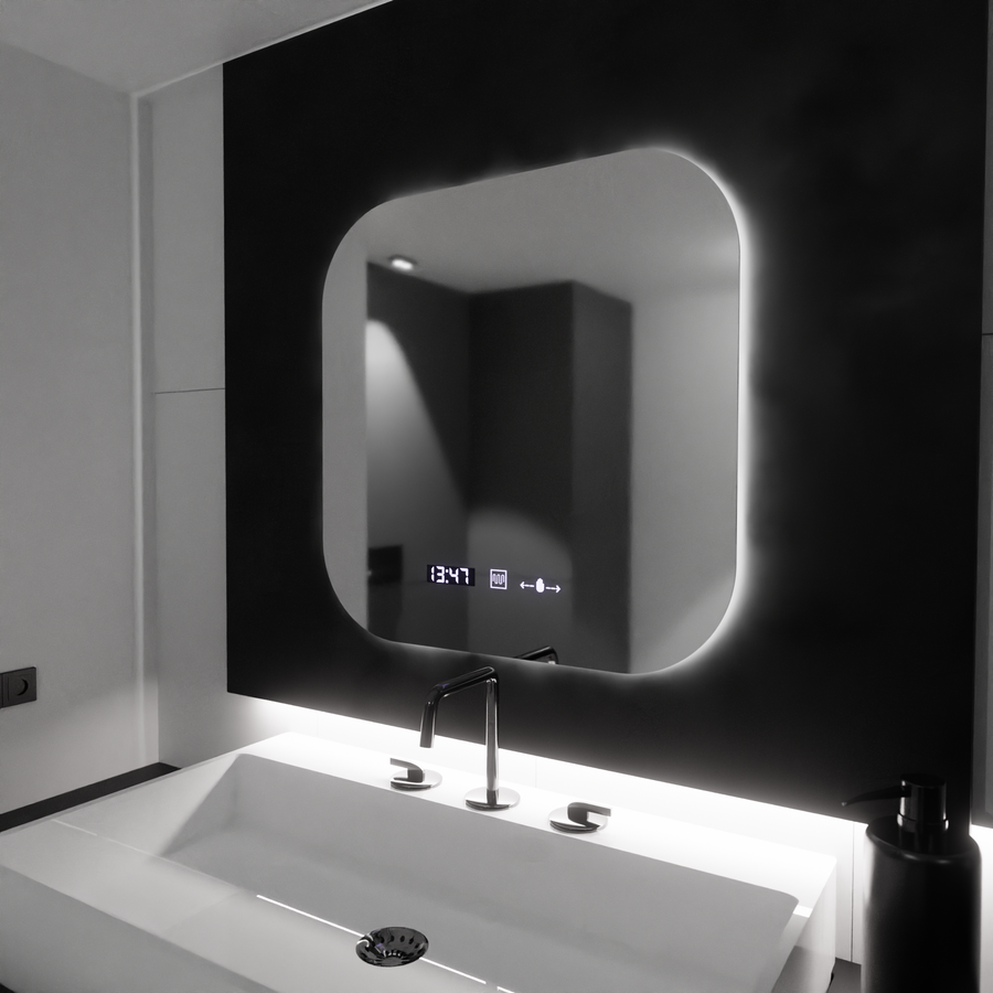 Négyszögletű LED-es tükör 60x60 Aura Riflesso Puro MotionGlow Marcello, Páramentesítő rendszer, hőmérő és óra, szabályozható tükrök Marcello Alapértelmezett cím Alessandro Design