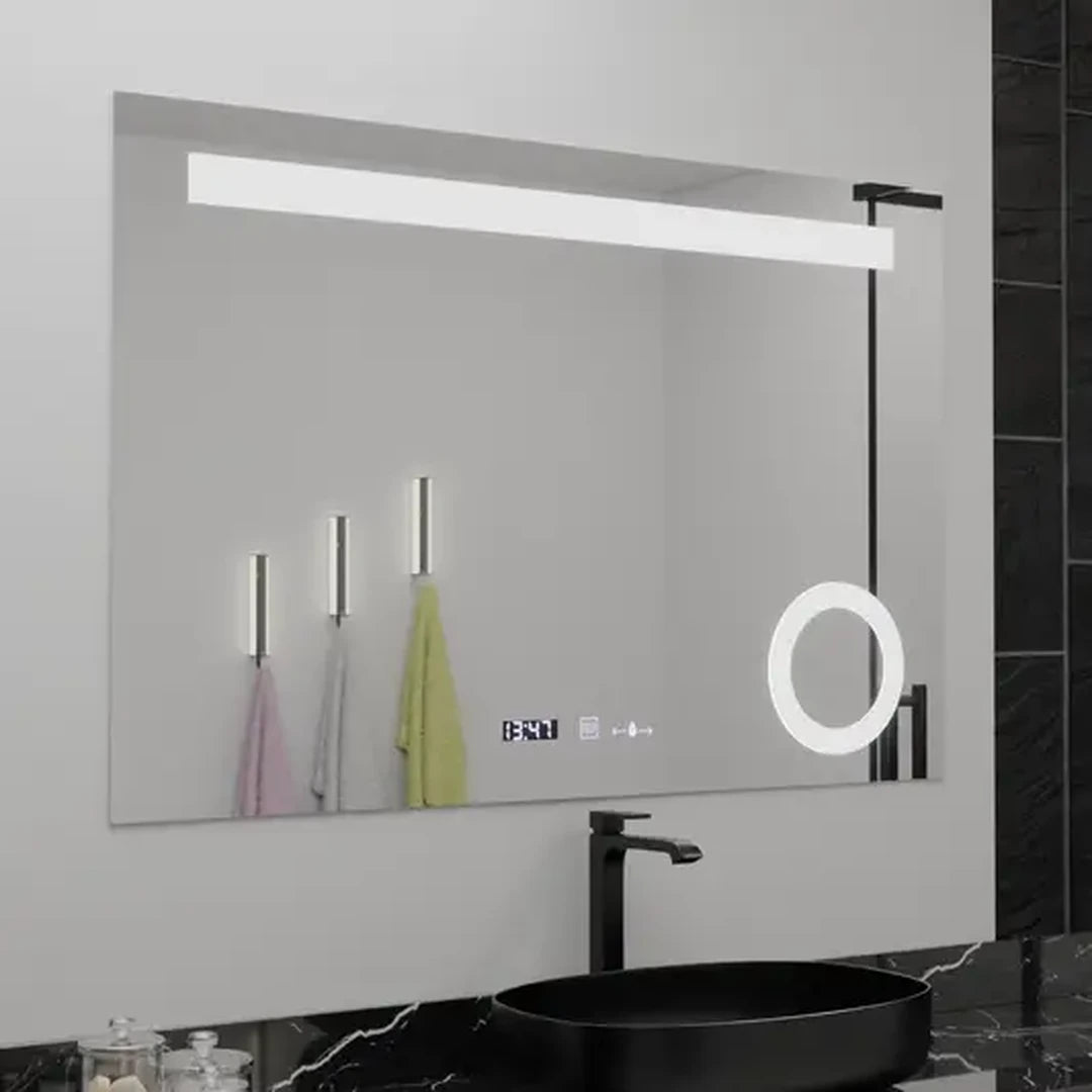 Négyszögletű LED-es tükör, 80x60 cm, ABSOLU MotionGlow Marcello, páramentesítő rendszer, óra és hőmérő, kozmetikai nagyító, szabályozható tükrök Marcello alapértelmezett cím Alessandro Design