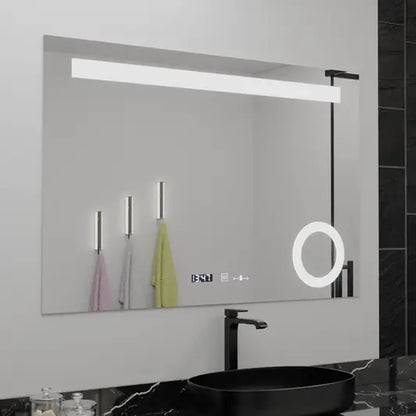 Négyszögletű LED-es tükör, 80x60 cm, ABSOLU MotionGlow Marcello, páramentesítő rendszer, óra és hőmérő, kozmetikai nagyító, szabályozható tükrök Marcello alapértelmezett cím Alessandro Design