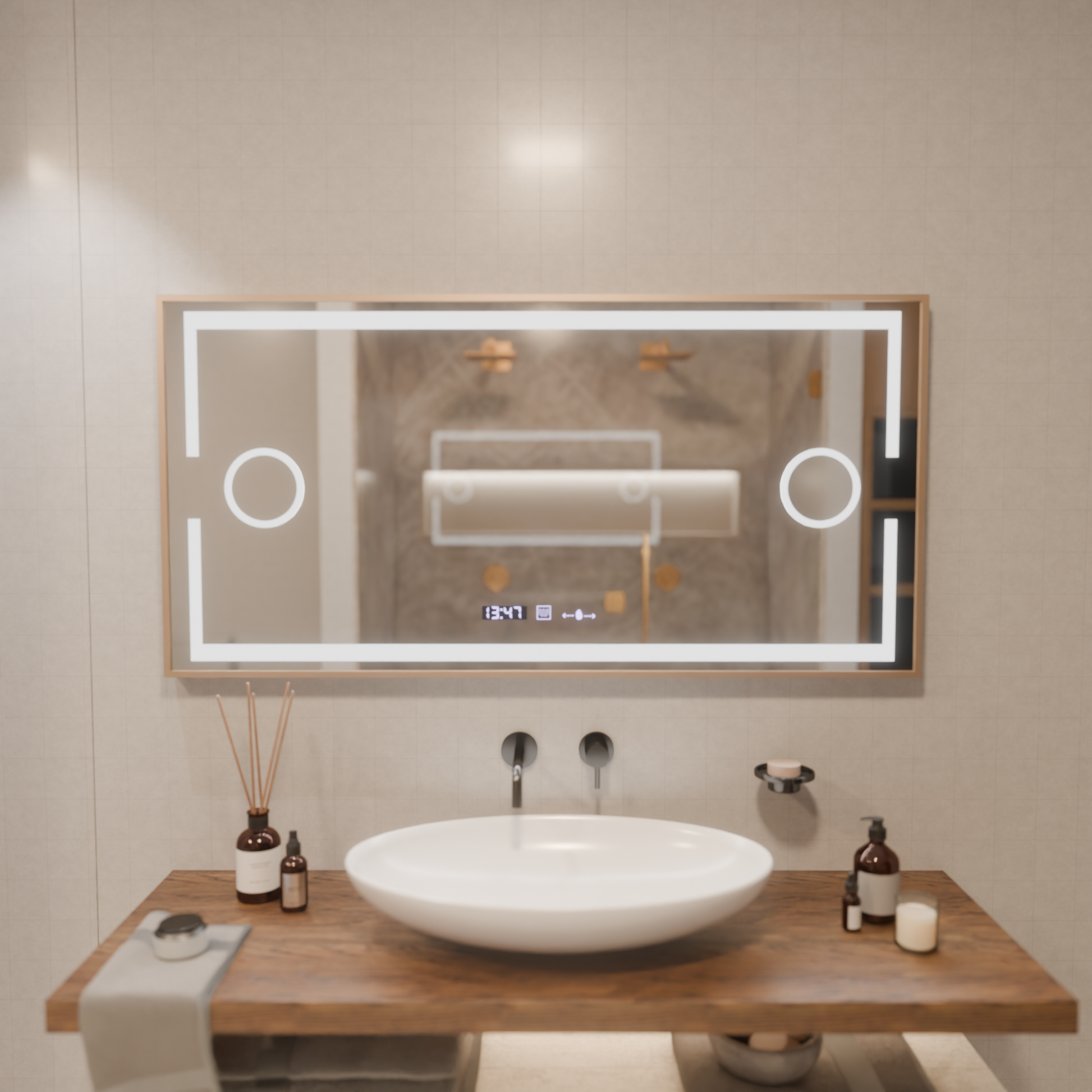 LED tükör MotionGlow Sofia érzékelő páramentesítő funkcióval Hőmérő óra 110x65 cm meleg/hideg/semleges fény szabályozható, rózsa arany keret, Marcello Funghi kollekció Marcello tükrök alapértelmezett cím Alessandro Design