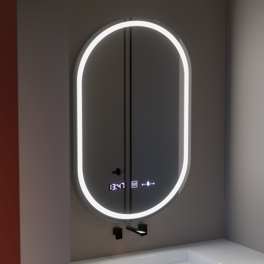 Ovális LED-es tükör, 50x80cm, Eminence MotionGlow Marcello, Páramentesítő rendszer, Óra és hőmérő, Mérhető tükrök Marcello Alapértelmezett cím Alessandro Design