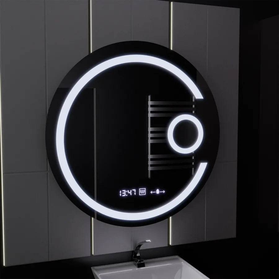 LED kerek tükör, 22 W, 70 cm, Visio MotionGlow Marcello, páramentesítő rendszer, óra és hőmérő, kozmetikai nagyító, szabályozható Marcello tükrök alapértelmezett cím Alessandro Design