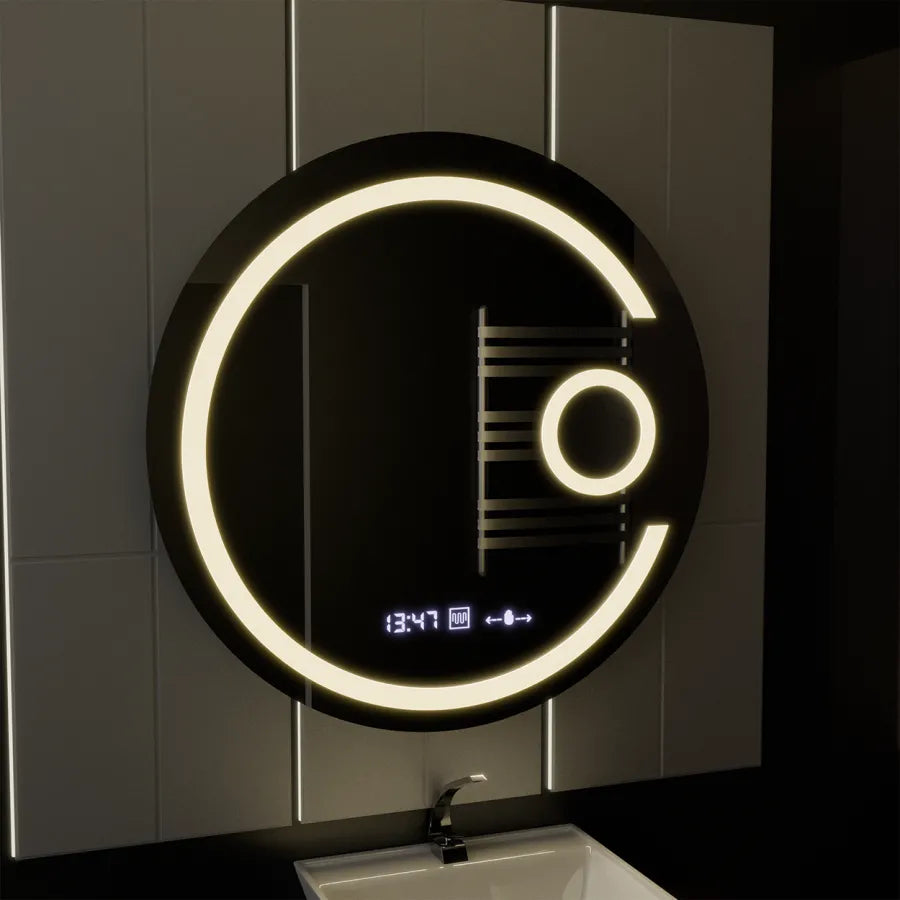 LED kerek tükör, 22 W, 70 cm, Visio MotionGlow Marcello, páramentesítő rendszer, óra és hőmérő, kozmetikai nagyító, szabályozható Marcello tükrök alapértelmezett cím Alessandro Design