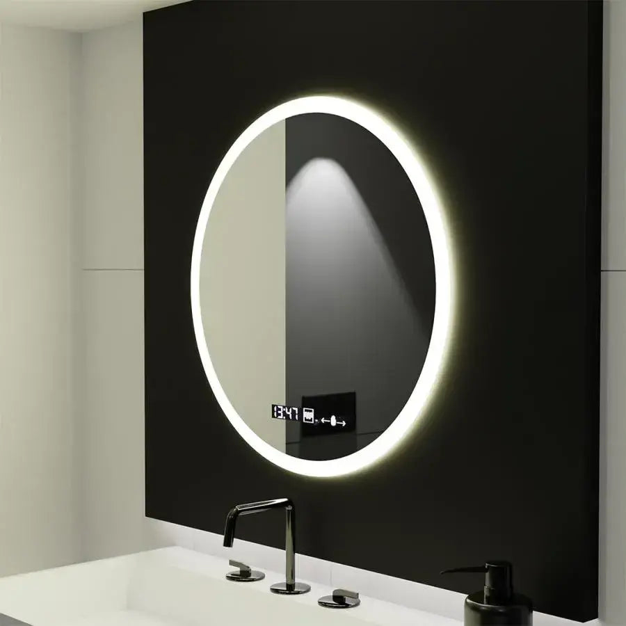 LED kerek tükör 50 cm Giulia érzékelő MotionGlow Marcello páramentesítő rendszer óra és hőmérő Dimabila tükrök Marcello alapértelmezett cím Alessandro Design