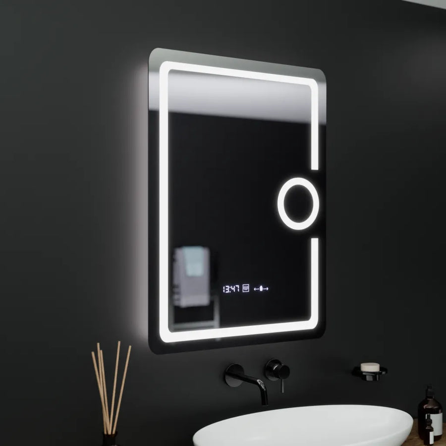 Négyszögletű LED-es tükör, 60x80 cm, Eclat MotionGlow Marcello, óra és hőmérő, páramentesítő rendszer, kozmetikai nagyító, Dimabila tükrök Marcello alapértelmezett cím Alessandro Design