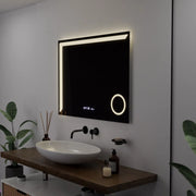 Négyszögletű LED-es tükör, 80x60 cm, Precision MotionGlow Marcello, páramentesítő rendszer, óra és hőmérő, kozmetikai nagyító, szabályozható Marcello tükrök alapértelmezett cím Alessandro Design