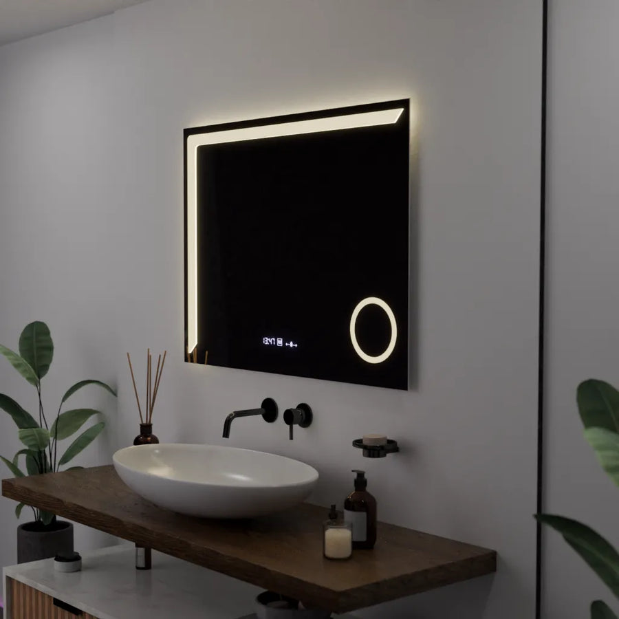 Négyszögletű LED-es tükör, 80x60 cm, Precision MotionGlow Marcello, páramentesítő rendszer, óra és hőmérő, kozmetikai nagyító, szabályozható Marcello tükrök alapértelmezett cím Alessandro Design