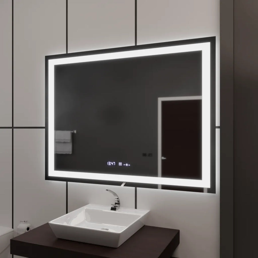 Négyszögletű LED-es tükör 120x80cm Vérité MotionGlow Marcello, páramentesítő rendszer, óra és hőmérő, szabályozható tükrök Marcello alapértelmezett cím Alessandro Design