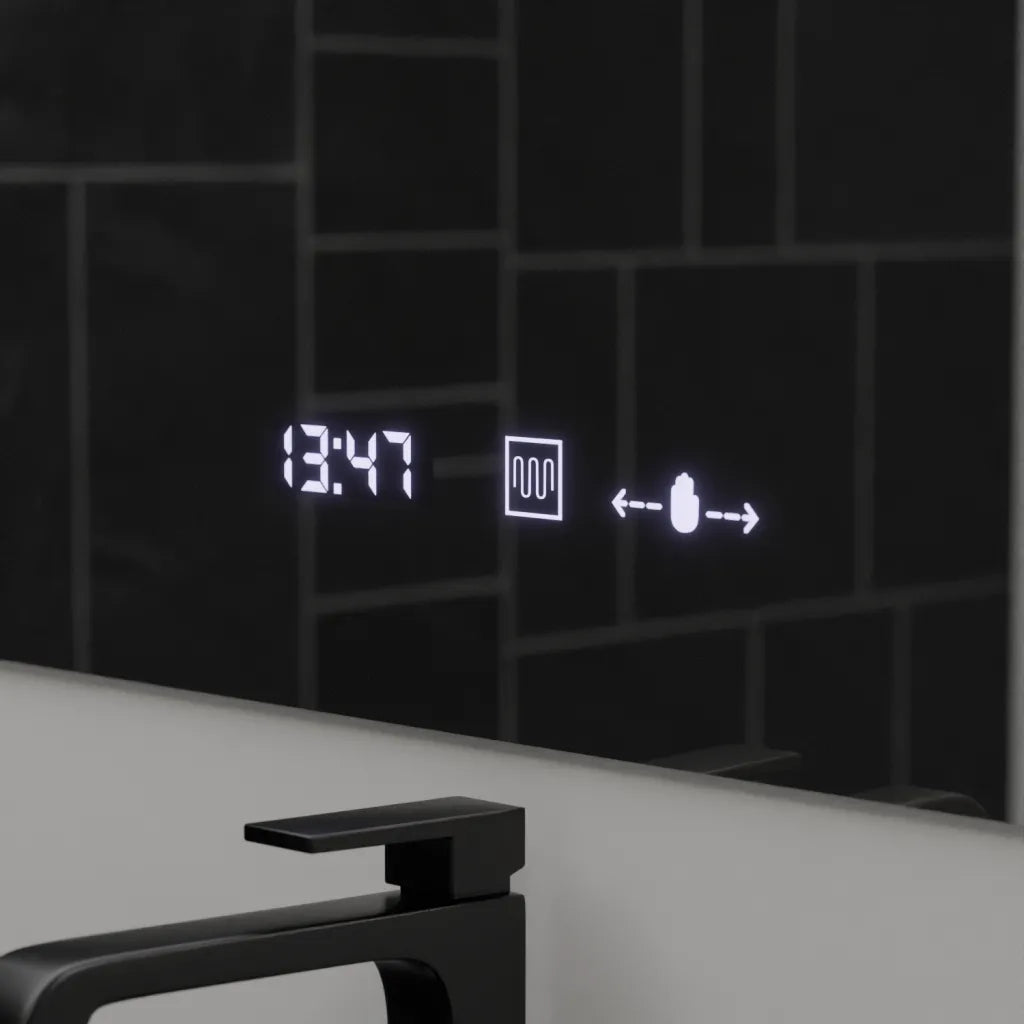 Négyszögletű LED-es tükör, 120x80 cm, ABSOLU MotionGlow Marcello, páramentesítő rendszer, óra és hőmérő, kozmetikai nagyító, fényerősíthető tükrök Marcello alapértelmezett cím Alessandro Design