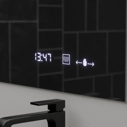 Négyszögletű LED-es tükör, 120x80 cm, ABSOLU MotionGlow Marcello, páramentesítő rendszer, óra és hőmérő, kozmetikai nagyító, fényerősíthető tükrök Marcello alapértelmezett cím Alessandro Design