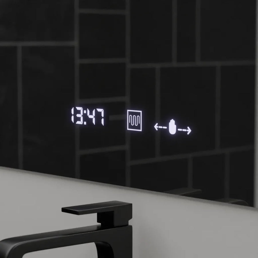 Négyszögletű LED-es tükör, 120x80 cm, ABSOLU MotionGlow Marcello, páramentesítő rendszer, óra és hőmérő, kozmetikai nagyító, fényerősíthető tükrök Marcello alapértelmezett cím Alessandro Design