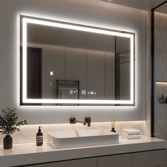 Négyszögletű LED-es tükör 120x80cm Vérité MotionGlow Marcello, páramentesítő rendszer, óra és hőmérő, szabályozható tükrök Marcello alapértelmezett cím Alessandro Design