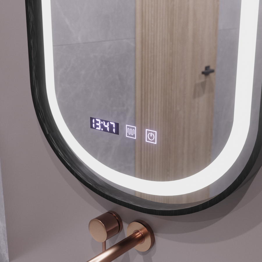 Helmut LED Touch Mirror páramentesítő rendszer, óra és hőmérséklet 50x80 cm fekete keret szálcsiszolt Marcello Funghi