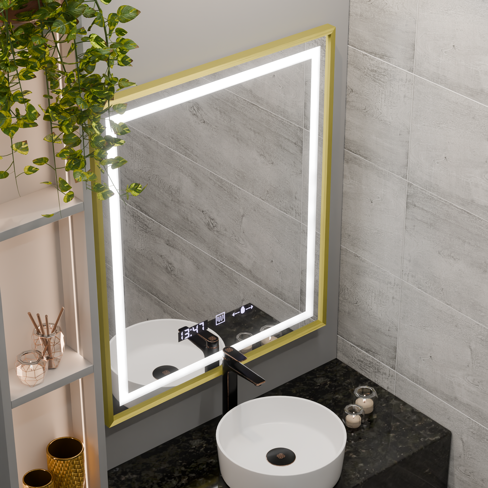 Négyszögletű LED-es tükör, 75x90 cm, Verite Royale Gold MotionGlow Marcello, páramentesítő rendszer, óra és hőmérő, szabályozható tükrök Marcello alapértelmezett cím Alessandro Design