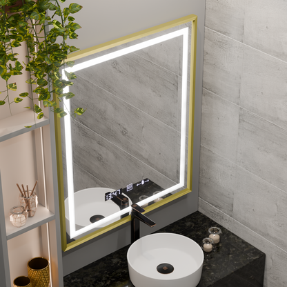 Négyszögletű LED-es tükör, 75x90 cm, Verite Royale Gold MotionGlow Marcello, páramentesítő rendszer, óra és hőmérő, szabályozható tükrök Marcello alapértelmezett cím Alessandro Design