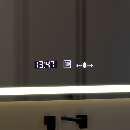 Négyszögletű LED tükör 120x80 cm Vérité MotionGlow Marcello, páramentesítő rendszer, óra és hőmérő, szabályozható W09/120X80BTRGB tükrök Marcello alapértelmezett cím Alessandro Design