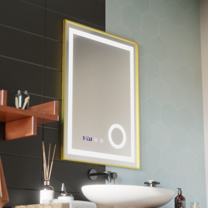 LED érintőképernyős CLARUS tükör páramentesítő rendszer, óra és hőmérséklet 60x80 cm arany keretben csiszolt kozmetikai nagyító tükrök Korman S alapértelmezett cím Alessandro Design