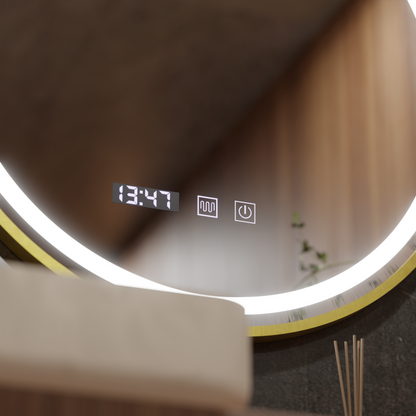 LUSSO LED érintőtükör, páramentesítő rendszer, óra és hőmérséklet, átmérő 60 cm, szálcsiszolt arany keret, meleg hideg, semleges fény 3000K/4500K/6000K, szabályozható Korman S tükrök alapértelmezett cím Alessandro Design