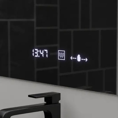 Négyszögletű LED-es tükör, 80x60 cm, ABSOLU MotionGlow Marcello, páramentesítő rendszer, óra és hőmérő, kozmetikai nagyító, szabályozható tükrök Marcello alapértelmezett cím Alessandro Design