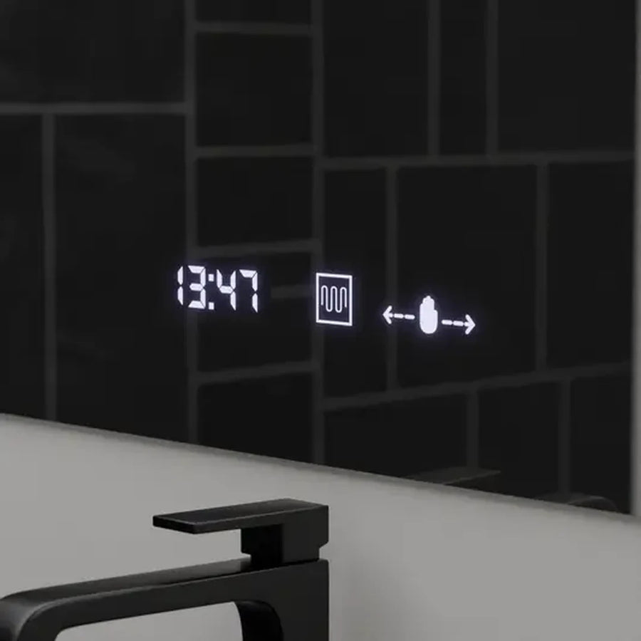 Négyszögletű LED-es tükör, 80x60 cm, ABSOLU MotionGlow Marcello, páramentesítő rendszer, óra és hőmérő, kozmetikai nagyító, szabályozható tükrök Marcello alapértelmezett cím Alessandro Design