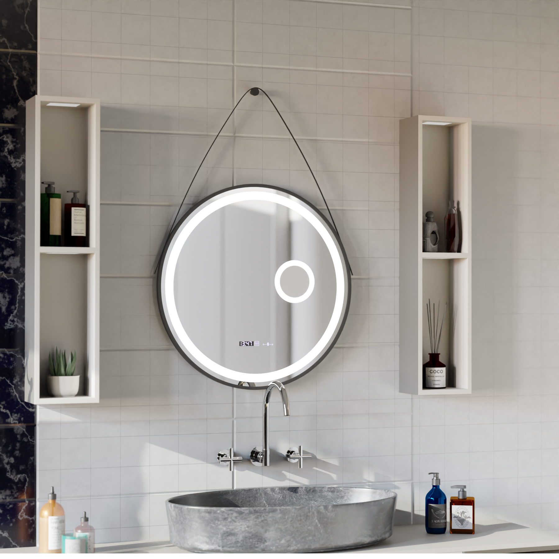 LED-es kerek tükör, 11 W, 60 cm, Micah Marcello MotionGlow érzékelő, páramentesítő rendszer, óra és hőmérő, kozmetikai nagyító, szabályozható Marcello tükrök alapértelmezett cím Alessandro Design