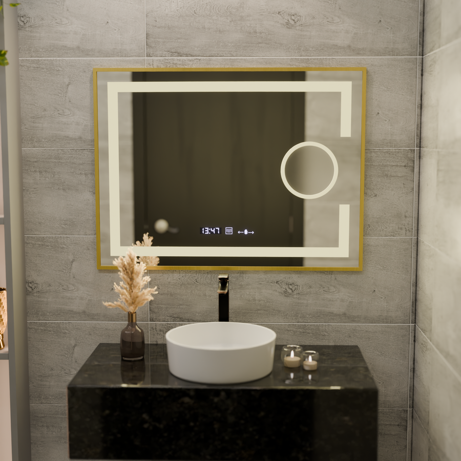 Oglinda LED Rectangulara, 80x60cm, Eclat MotionGlow Marcello, Sistem Dezaburire, Ceas & Termometru, Lupa Cosmetica, Dimabila, Rama Auriu Brushed Oglinzi Marcello Default Title Alessandro Design