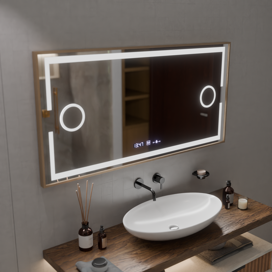 LED tükör MotionGlow Sofia érzékelő páramentesítő funkcióval Hőmérő óra 110x65 cm meleg/hideg/semleges fény szabályozható, rózsa arany keret, Marcello Funghi kollekció Marcello tükrök alapértelmezett cím Alessandro Design