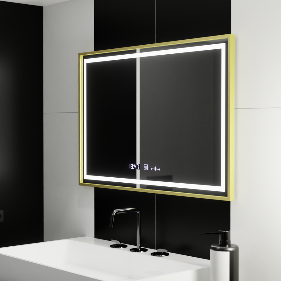 Négyszögletű LED-es tükör, 120x80 cm, Verite Royale Gold MotionGlow Marcello, páramentesítő rendszer, óra és hőmérő, szabályozható tükrök Marcello alapértelmezett cím Alessandro Design