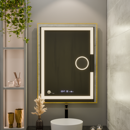 Oglinda LED Rectangulara, 60x80cm, Eclat MotionGlow Marcello, Sistem Dezaburire, Ceas & Termometru, Lupa Cosmetica, Dimabila, Rama Auriu Brushed Oglinzi Marcello Default Title Alessandro Design