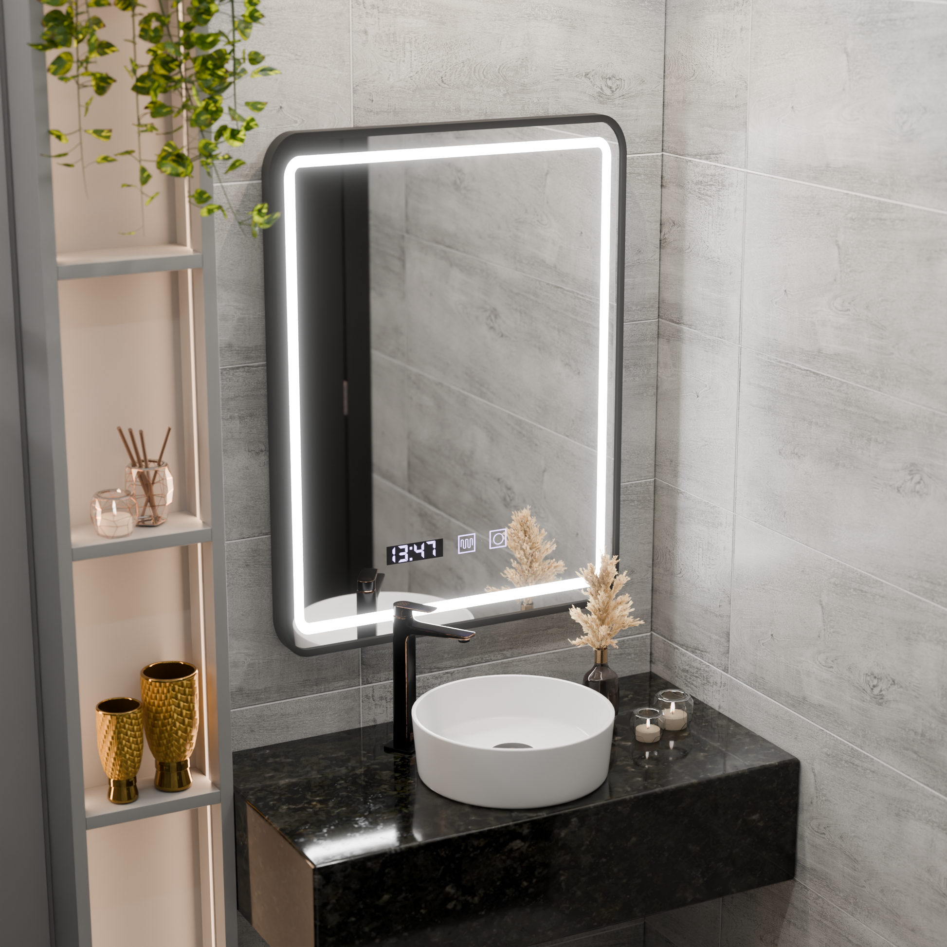 Mirror LED Touch LUCIDA páramentesítő rendszer, óra és hőmérséklet 50x70 cm keret Fekete csiszolt tükrök Korman S alapértelmezett cím Alessandro Design