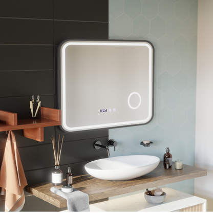 LED Touch Bernd Mirror páramentesítő rendszer, óra és hőmérséklet 80x60 cm fekete keret szálcsiszolt kozmetikai nagyító tükrök Korman S alapértelmezett cím Alessandro Design